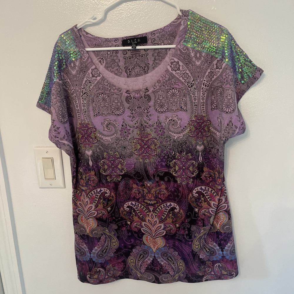 B.L.E.U. Petite Blouse Size PXL Paisley multicolored purple kaleidoscope pattern
